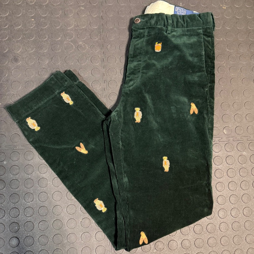 Polo Ralph Lauren Mens Green Corduroy Bear Cocktail Slim Fit Pants 31x30